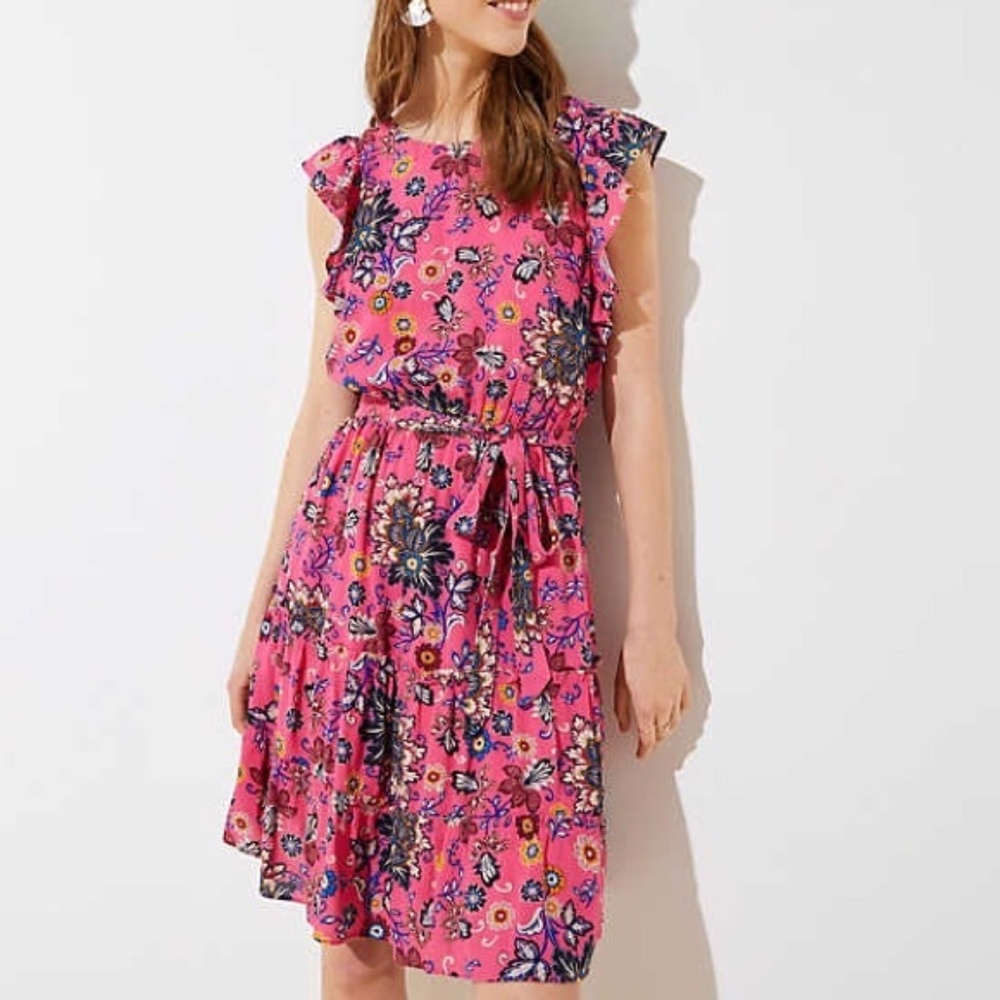 NWT LOFT Pink Floral Flutter Cap Sleeve belted Boho SZ M